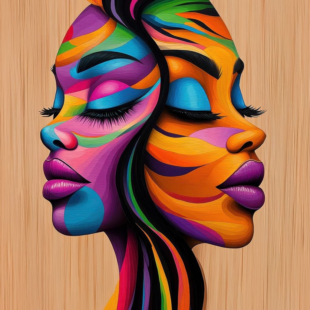 Tablou Canvas Premium, LuxCanva® G1244, Dualitate Feminina, Colorat, Emotie, Energie, Suflete, Intrepatruns, Vibrant, Fete, Femei, Spirit, Abstract, Contrast, Perete, Mov, Salon, Living, Dormitor