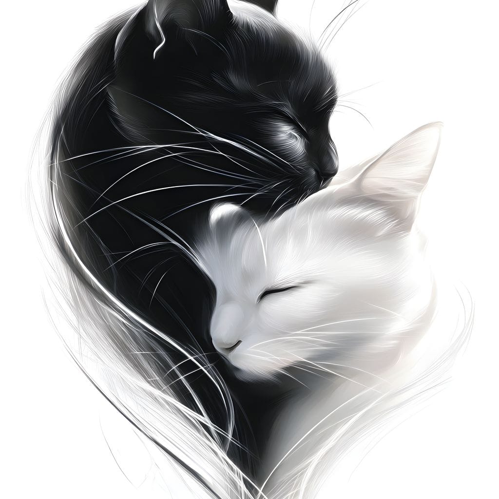 tablou canvas cu o pisica alba si una neagra, imbratisate intr-un cadru alb