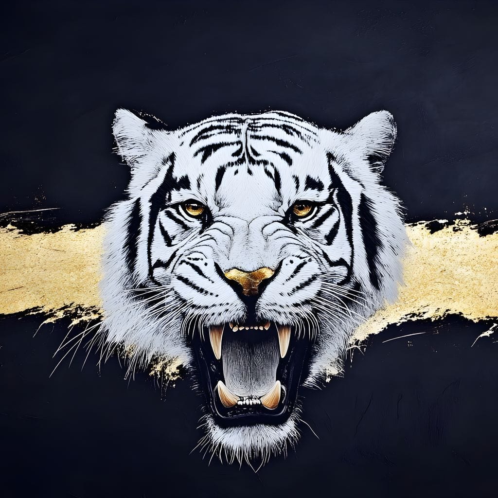 tablou canvas cu un cap de tigru alb, pe fundal intunecat cu accente aurii