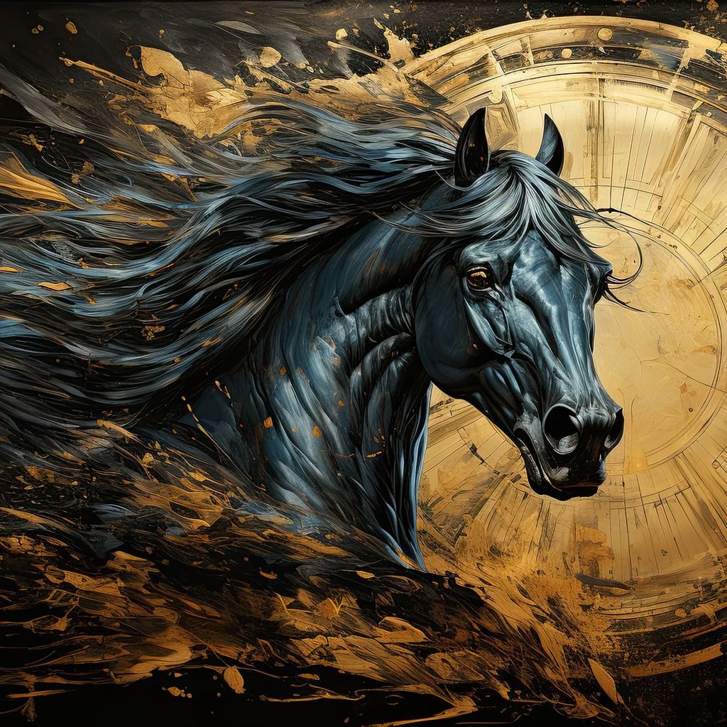 tablou canvas cu un cal negru redat in stil artistic, cu coama fluturand in valuri intunecate, pe fundal cu accente aurii