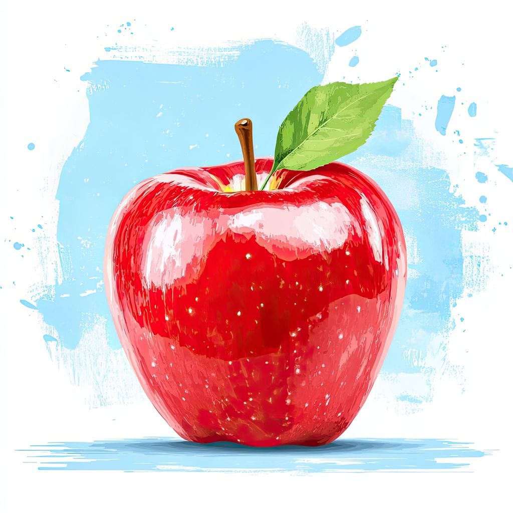 tablou canvas cu un mar rosu cu frunza verde, pictat pe fundal deschis cu accente de albastru deschis