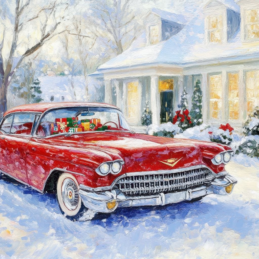 Tablou Canvas Premium LuxCanva® D1027, Masina vintage a Mosului , Pontiac, Masina, Rosie, Iarna, Daruri, Living Room, Culori vibrante