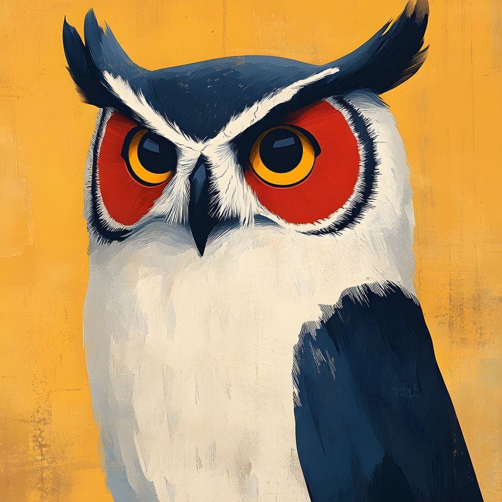 tablou canvas cu o bufnita expresiva in stil grafic, redata in tonuri de albastru si alb pe fundal galben cald