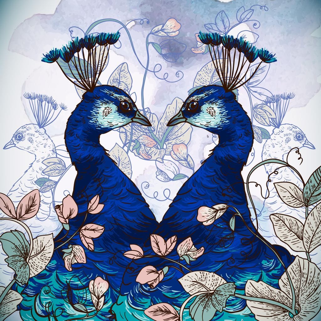 tablou canvas cu doi pauni surprinsi simetric intr-un design floral si colorat in oglinda