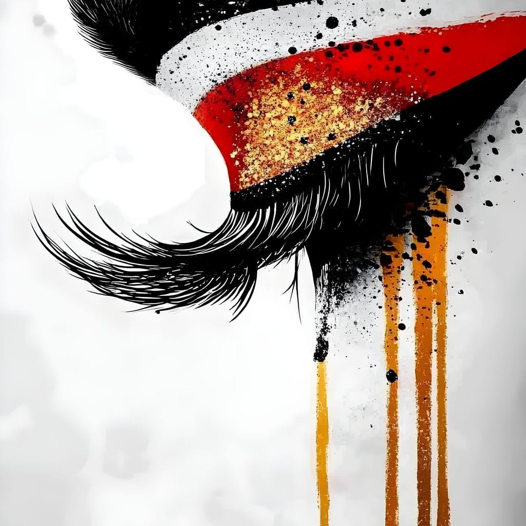 Tablou Canvas Premium, LuxCanva® G1180, Privirea care Curge, Ochi, Gene, Lacrimi, Tacere, Durere, Emotie, Drama, Rosu, Galben, Negru, Stropi, Suferinta, Birou, Living, Dormitor