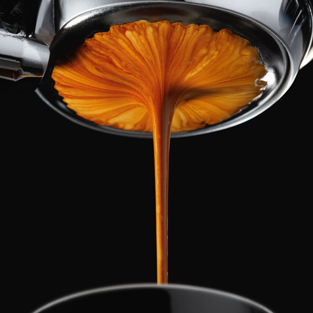 tablou canvas cu spuma unei cafele proaspete curgand dintr-un espressor intr-o cana pe fundal negru