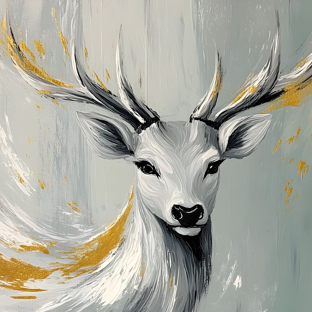 tablou canvas cu un cerb alb, redat in nuante diafane de alb, gri si negru, cu accente aurii fluide, pe fundal stil pictura