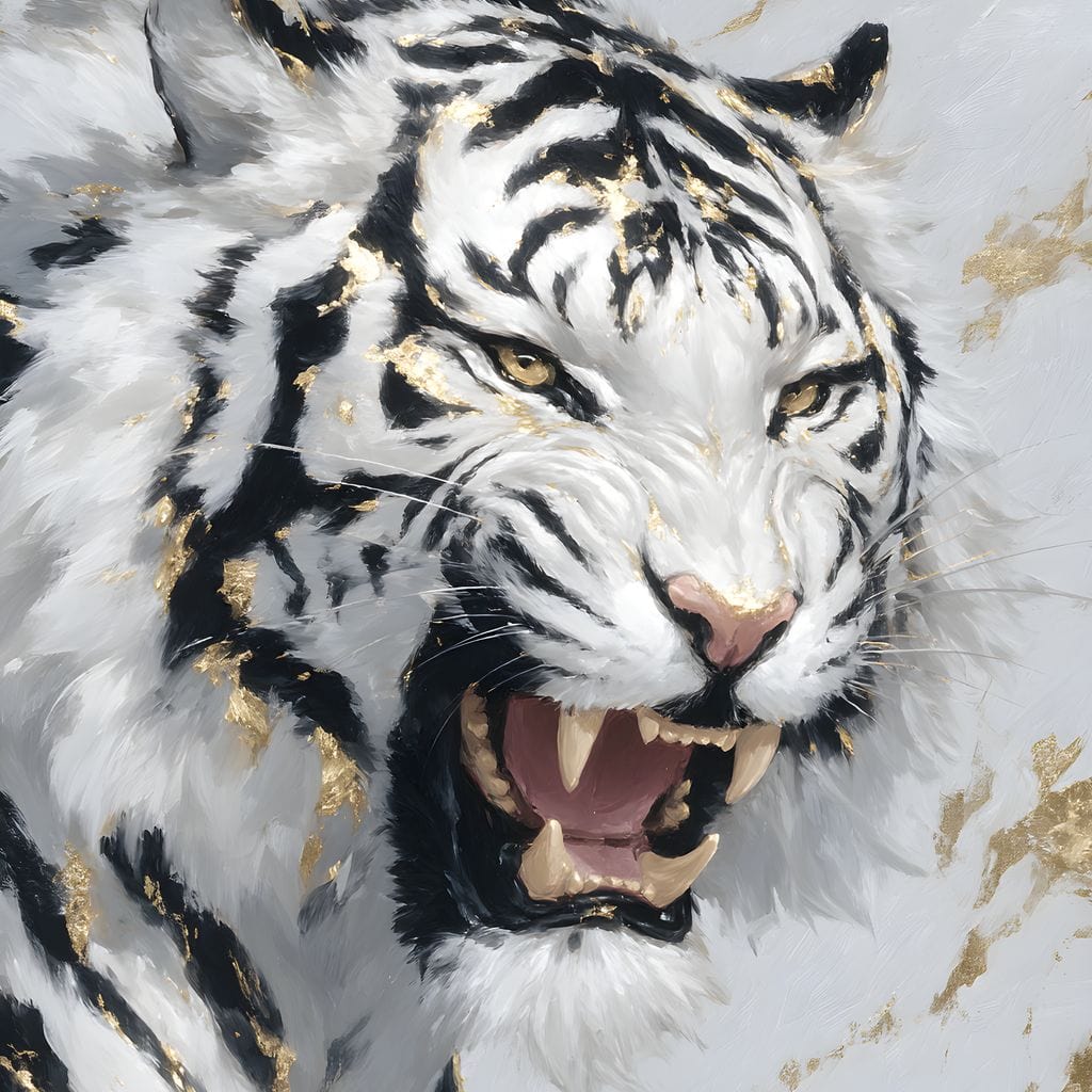 tablou canvas cu un tigru alb cu dungi negre, pe fundal deschis cu accente aurii stil marmura