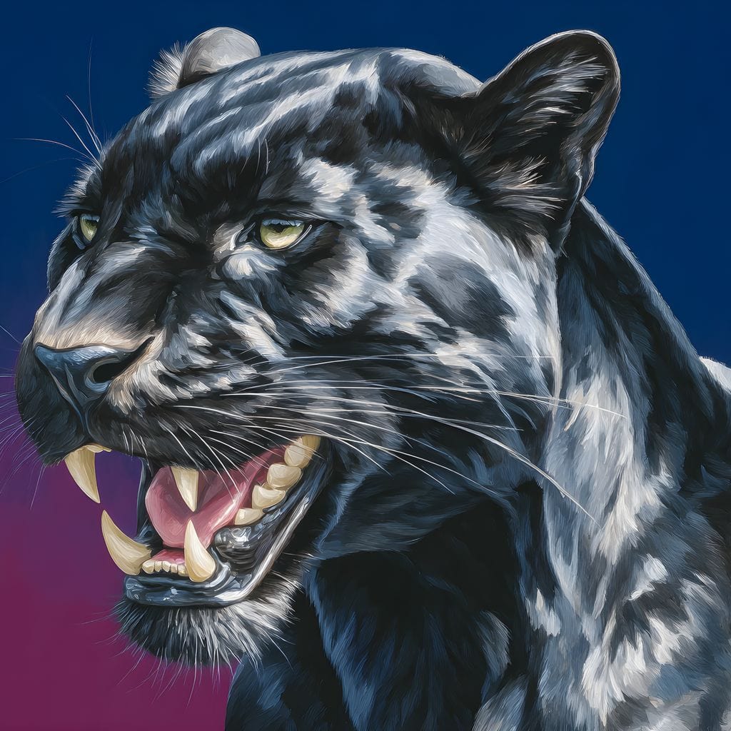 tablou canvas cu o pantera fioroasa, cu coltii la vedere, cu blana lucioasa, pe fundal in nuante inchise de albastru si violet