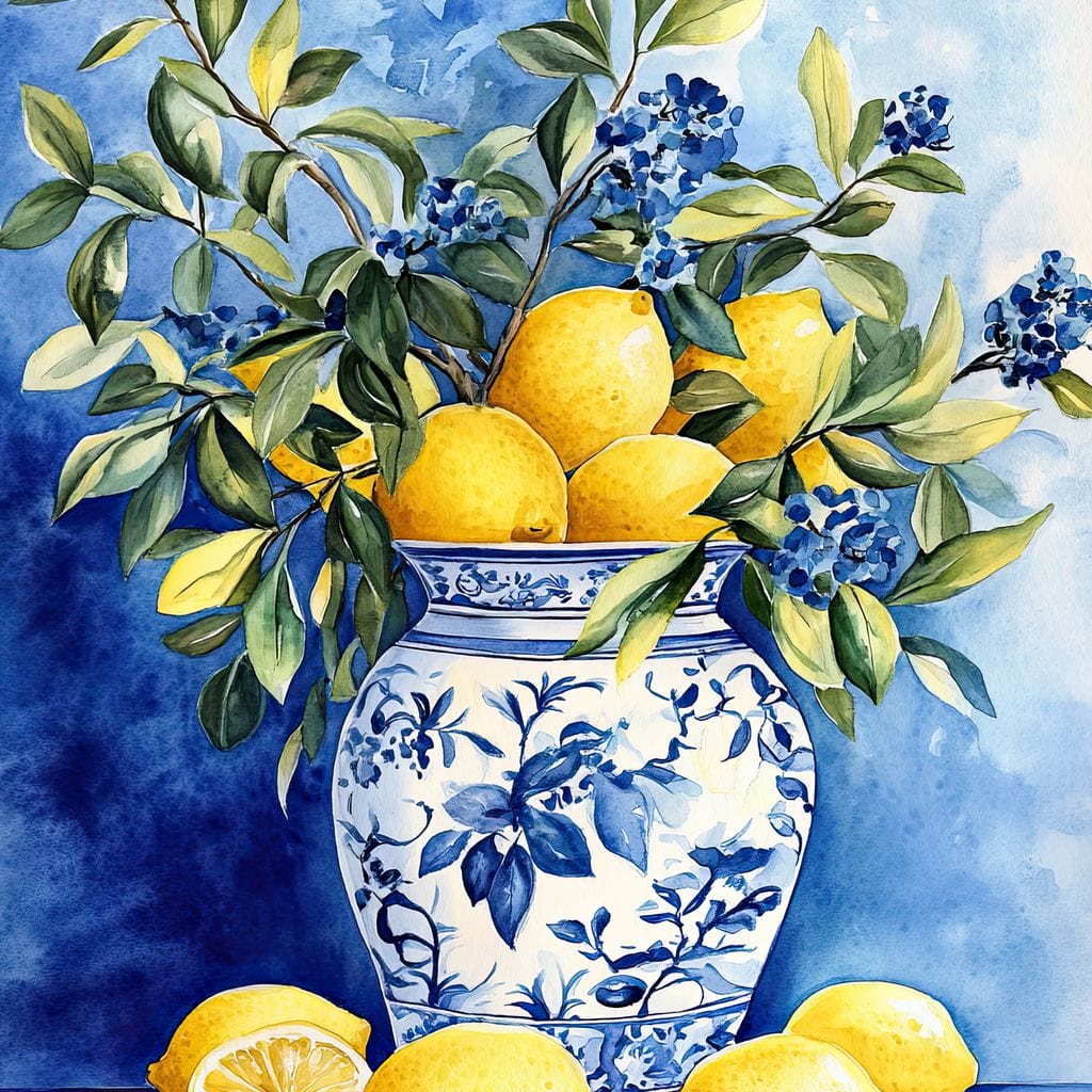 talou canvas cu o vaza albastra cu lamai si zambile, pe fundal pictat in nuante de albastru