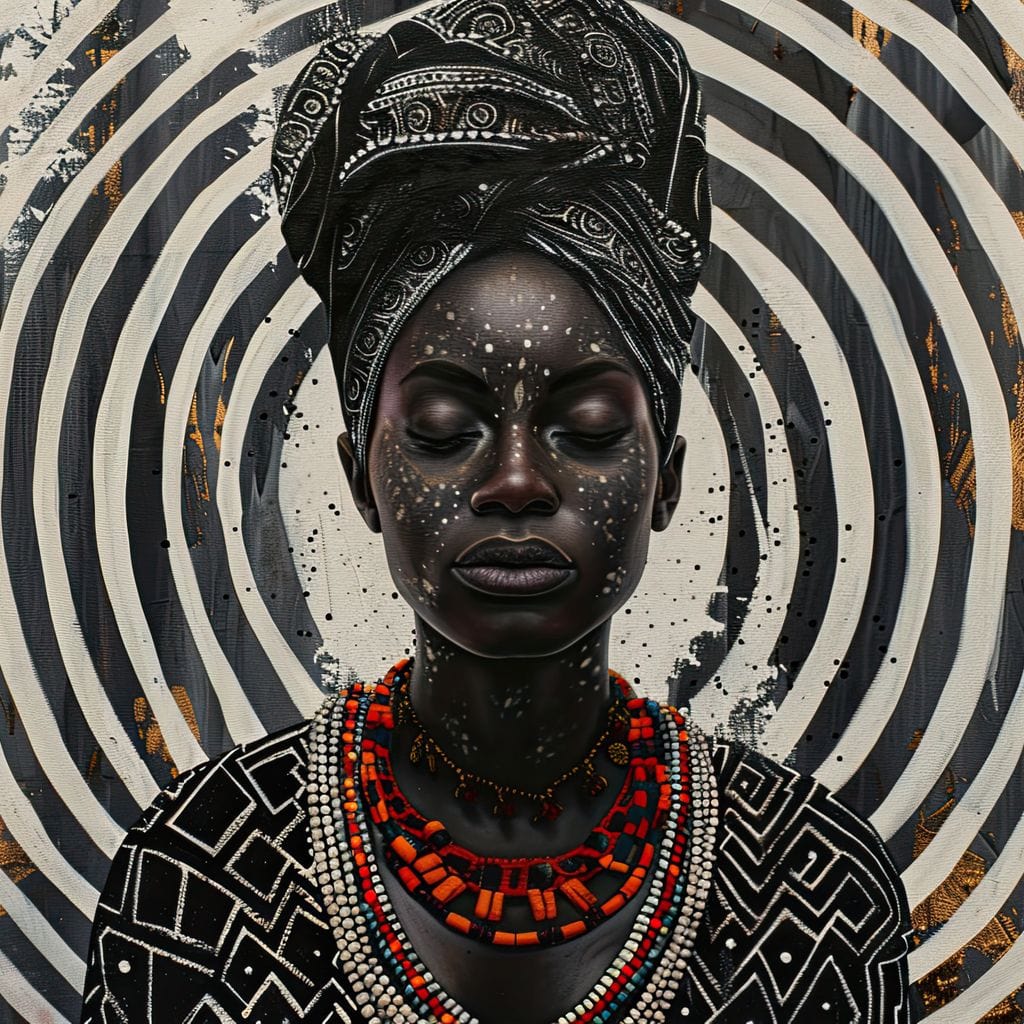 Tablou Canvas Premium LuxCanva® G1036, Regina Timpului , Ancestral, Spirala, Africa, Tribal, Geometrie, Turban, Living, Dormitor, Culori vibrante