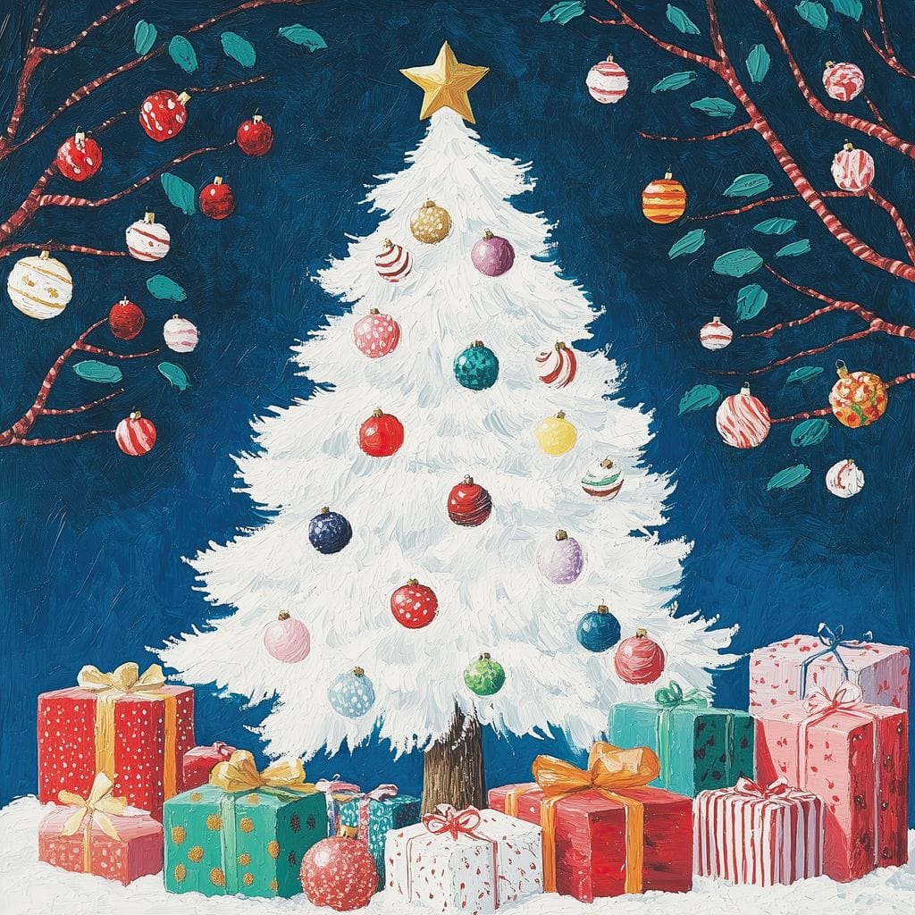 Tablou Canvas Premium LuxCanva® D1051, Farmecul Bradului Alb de Craciun ,  Bradut, Alb, Globulete, Cadouti, Ajun, Copilarie, Living Room, Culori vibrante