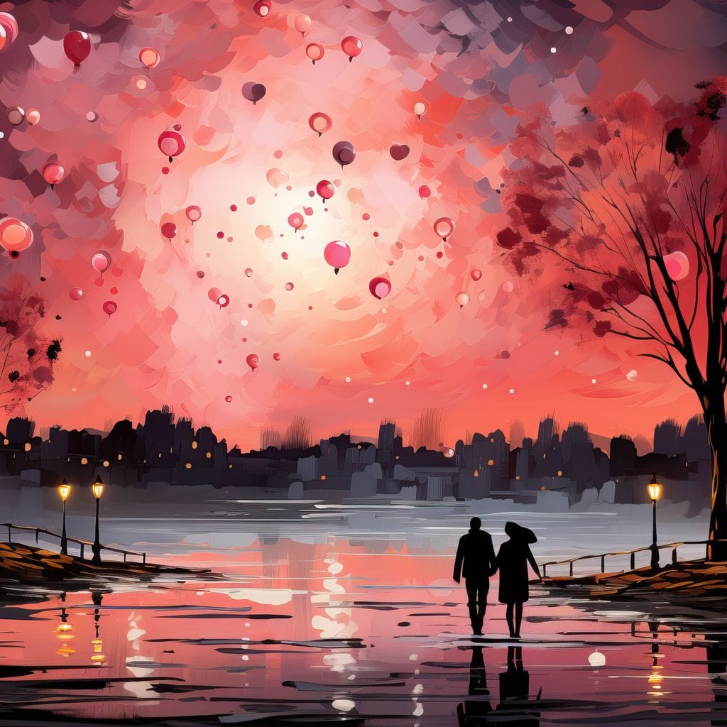 Tablou Canvas Premium LuxCanva® E1021, Plimbare Sub Cerul Inflacarat, Apus, Doi, Cuplu, Apa, Urban, Living Room, Culori vibrante