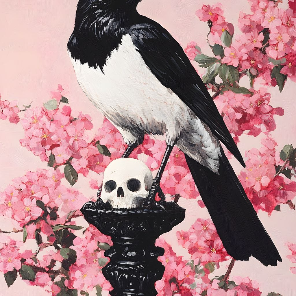 tablou canvas cu un corb pe un piedestal negru si gotic, pe fundal floral roz