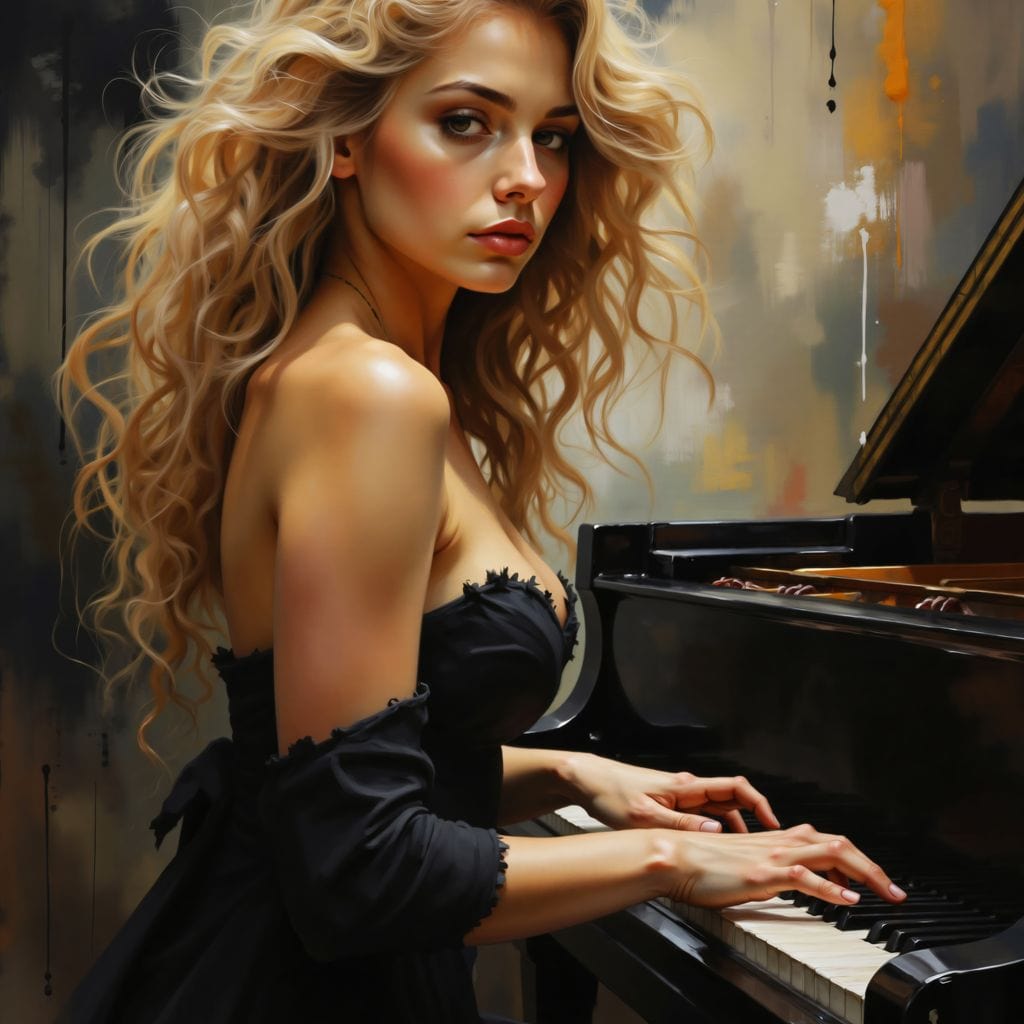 Tablou Canvas Premium, LuxCanva® G1169, Rapsodia Muzei, Simfonie, Melodie, Noapte, Fior, Acorduri, Pian, Domnisoara, Ecou, Armonii, Emotie, Eleganta, Melancolie, Par, Birou, Living, Dormitor