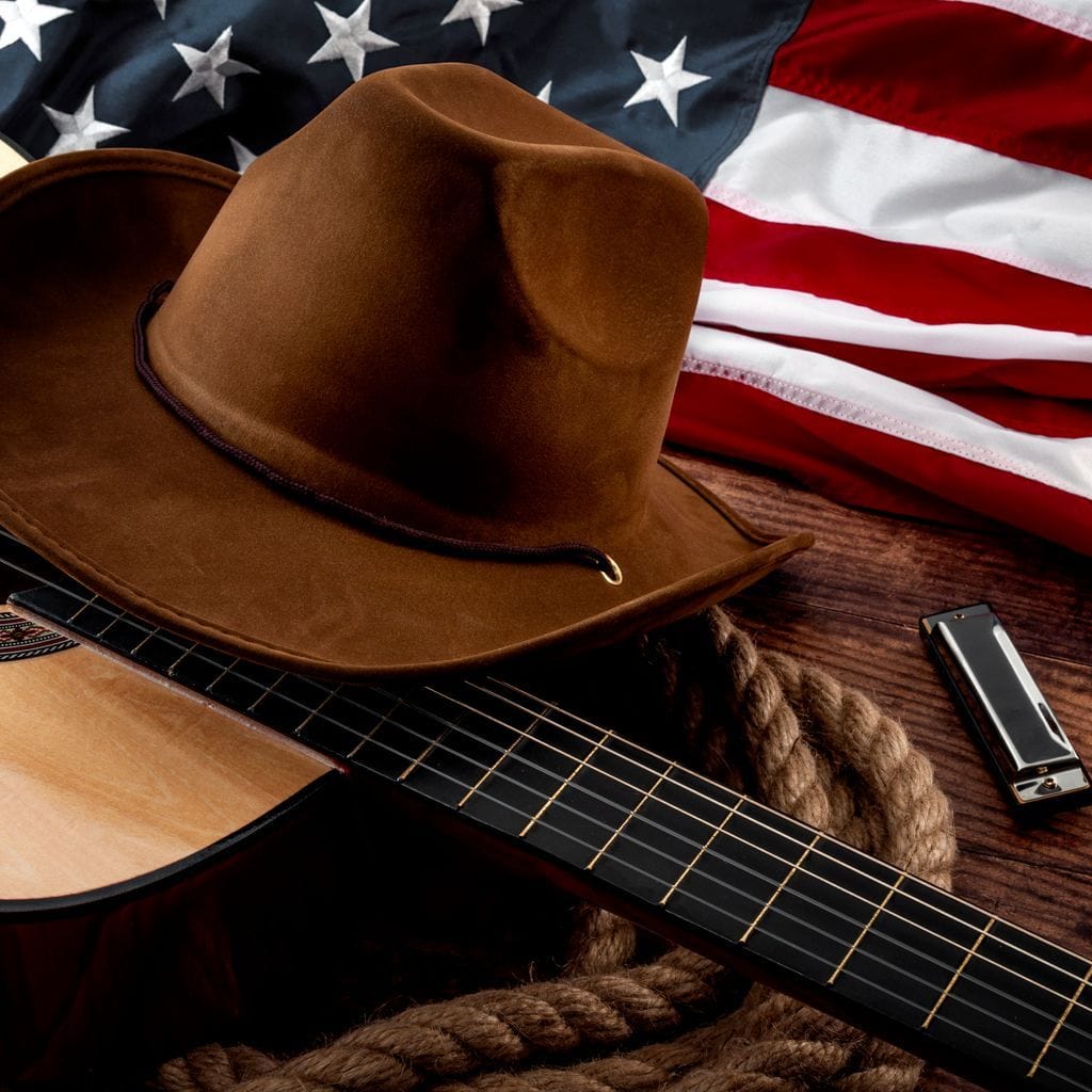 tablou canvas cu o palarie de cowboy, o chitara, o muzicuta si steagul Americii