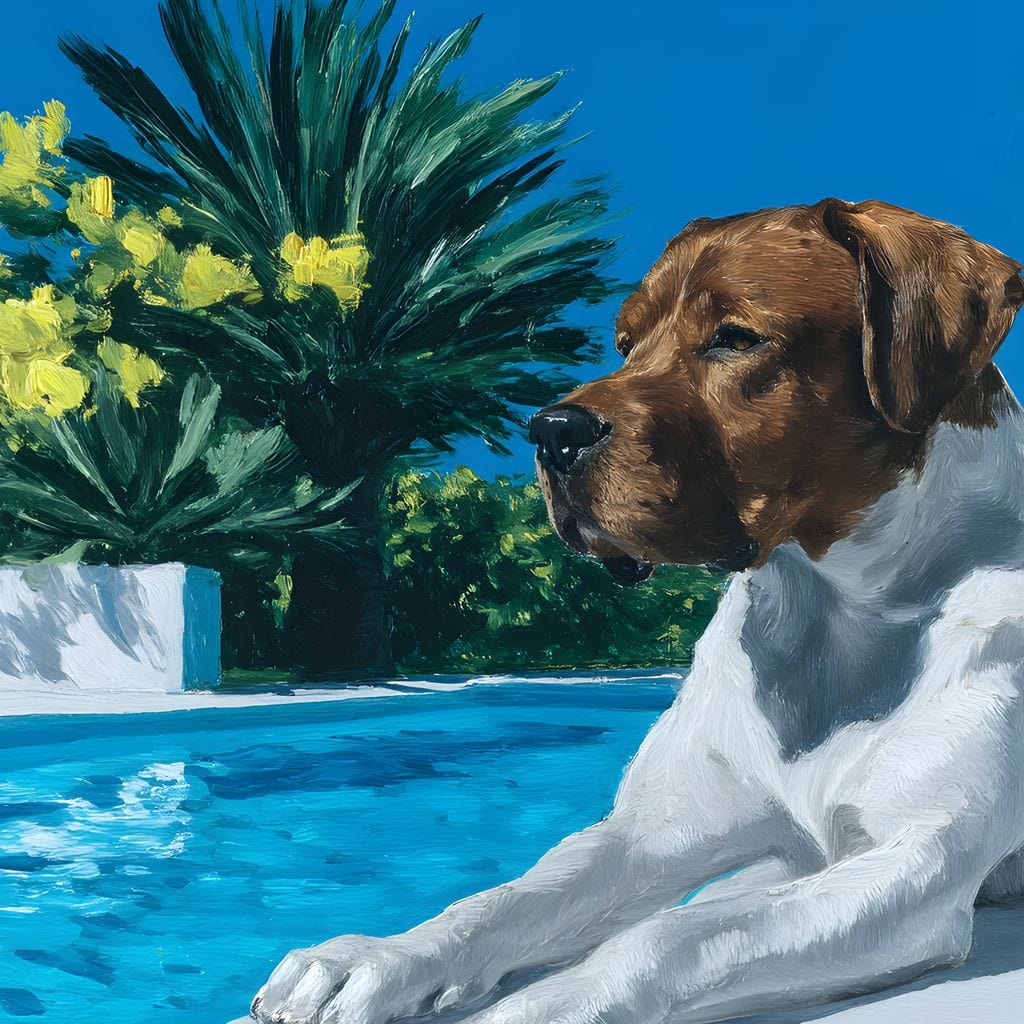 tablou canvas cu un caine cu blana alba si maro, relaxat langa o piscina, pe fundal exotic luxuriant, cu plante si flori sub cer senin