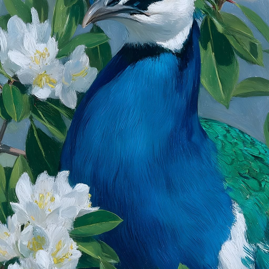 tablou canvas cu un paun cu penaj albastru si verde, intr-un cadru cu flori albe si frunzis