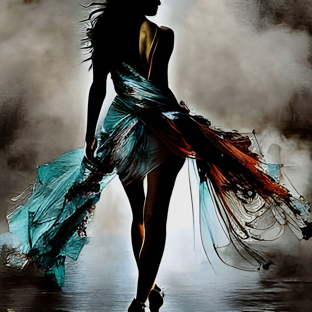 Tablou Canvas Premium, LuxCanva® G1205, Pasi peste Oglinda, Silueta, Pdium, Moda, Manechin, Oniric, Rochie, Voal, Fluiditate, Reflexii, Scenic, Pasi, Tocuri, Birou, Living, Dormitor