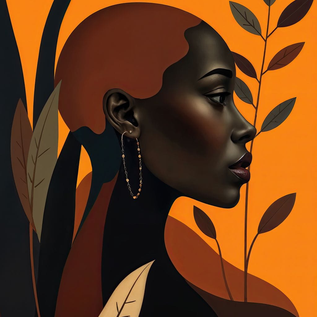 Tablou Canvas Premium, LuxCanva® G1133, Respiratia Frunzelor, Lumina, Pamant, Aur, Umbra, Frunze, Natura, Femeie, Eleganta, Feminitate, Cercei, Profil, Afro, Birou, Living