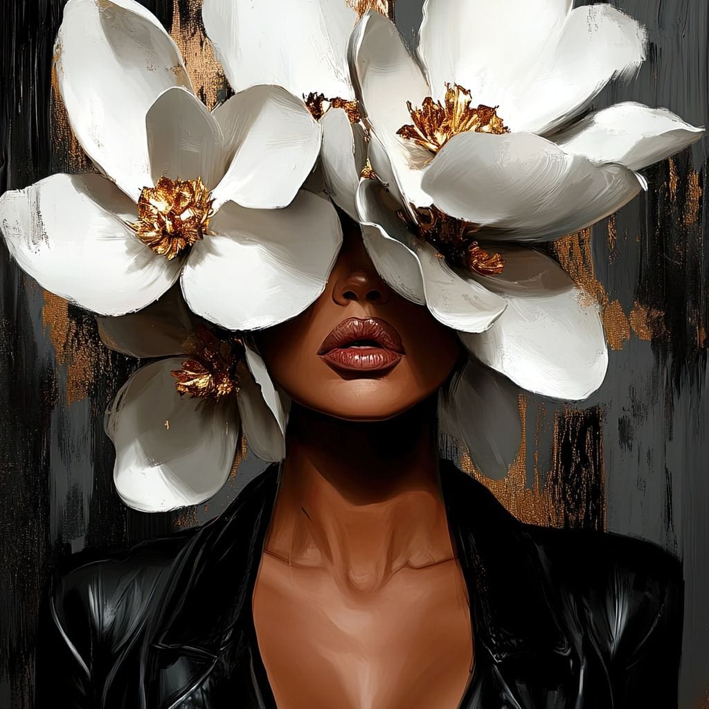 Tablou Canvas Premium, LuxCanva® G1188, Magnolii si Piele, Fragil, Jacheta, Piele, Senzualitate, Fashion, Art, Forta, Gratie, Monocrom, Taina, Trup, Atitudine, Birou, Living, Dormitor