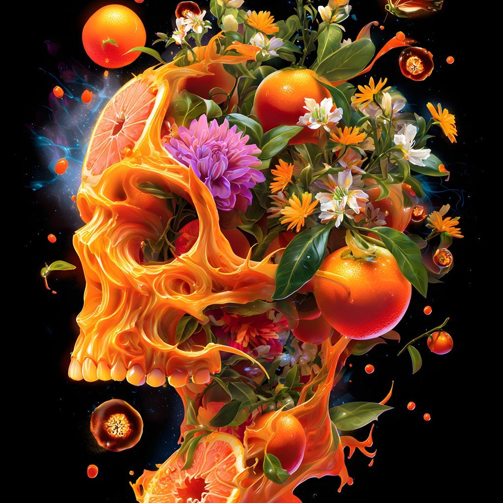 tablou canvas cu un craniu cuprins de flori, portocale si fluturi pe fundal negru