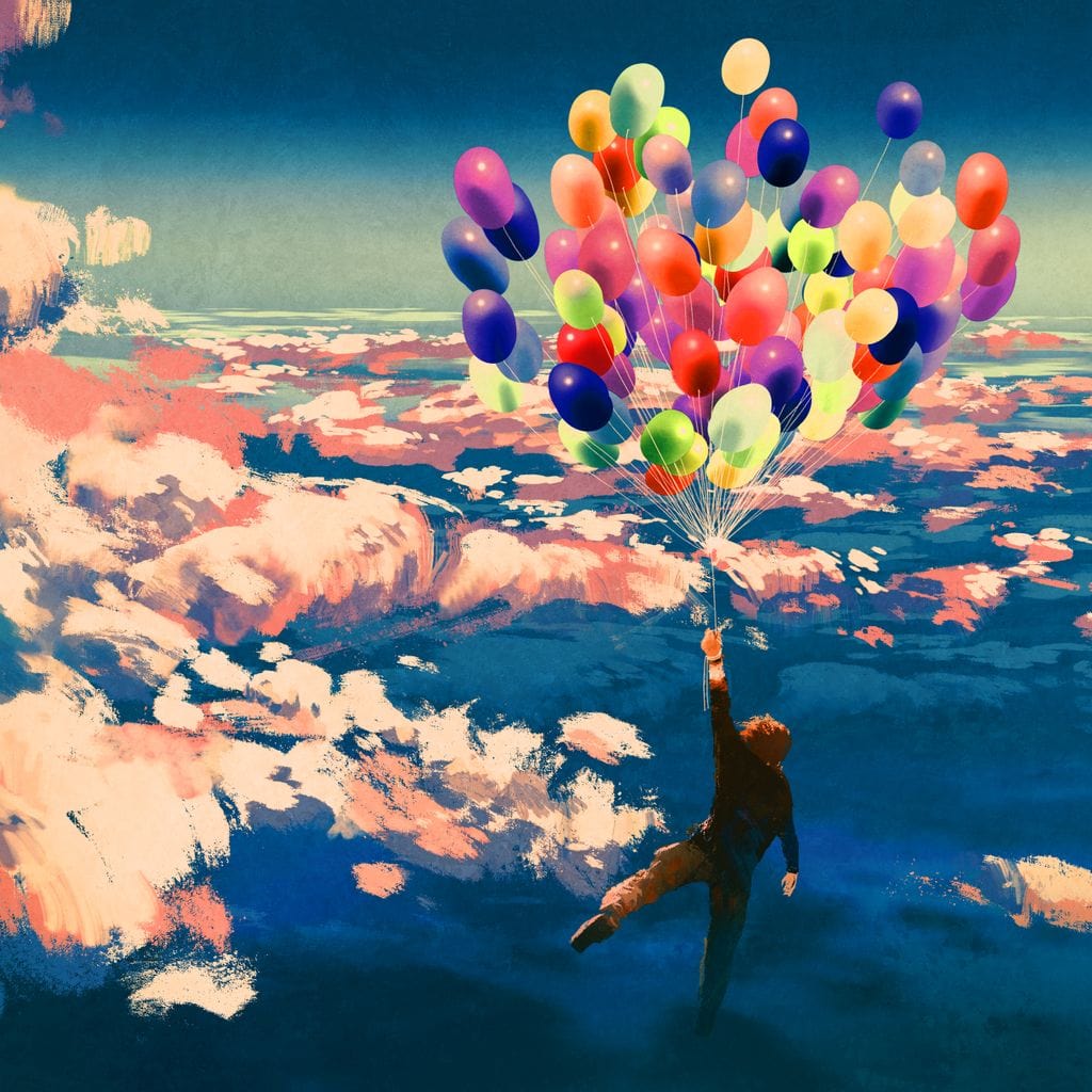 Tablou Canvas Premium, LuxCanva® K1021, Purtat de Curcubeu, Zbor, Nori, Inaltare, Culori, Baloane, Zburatoare, Magic, Fericire, Curaj, Aventura, Dorinte, Armonie, Fericire, Camera Copii