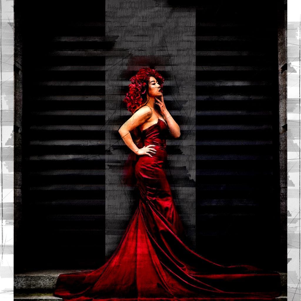 Tablou Canvas Premium, LuxCanva® G1090, O Diva in Rosu, Rochie, Rosie, Nocturn, Seductie, Regina, Noptii, Intalnire, Fashion, Living, Dormitor