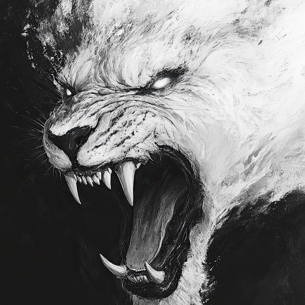 tablou canvas cu un tigru strigoi, redat in nuante de alb si negru, pe fundal intunecat