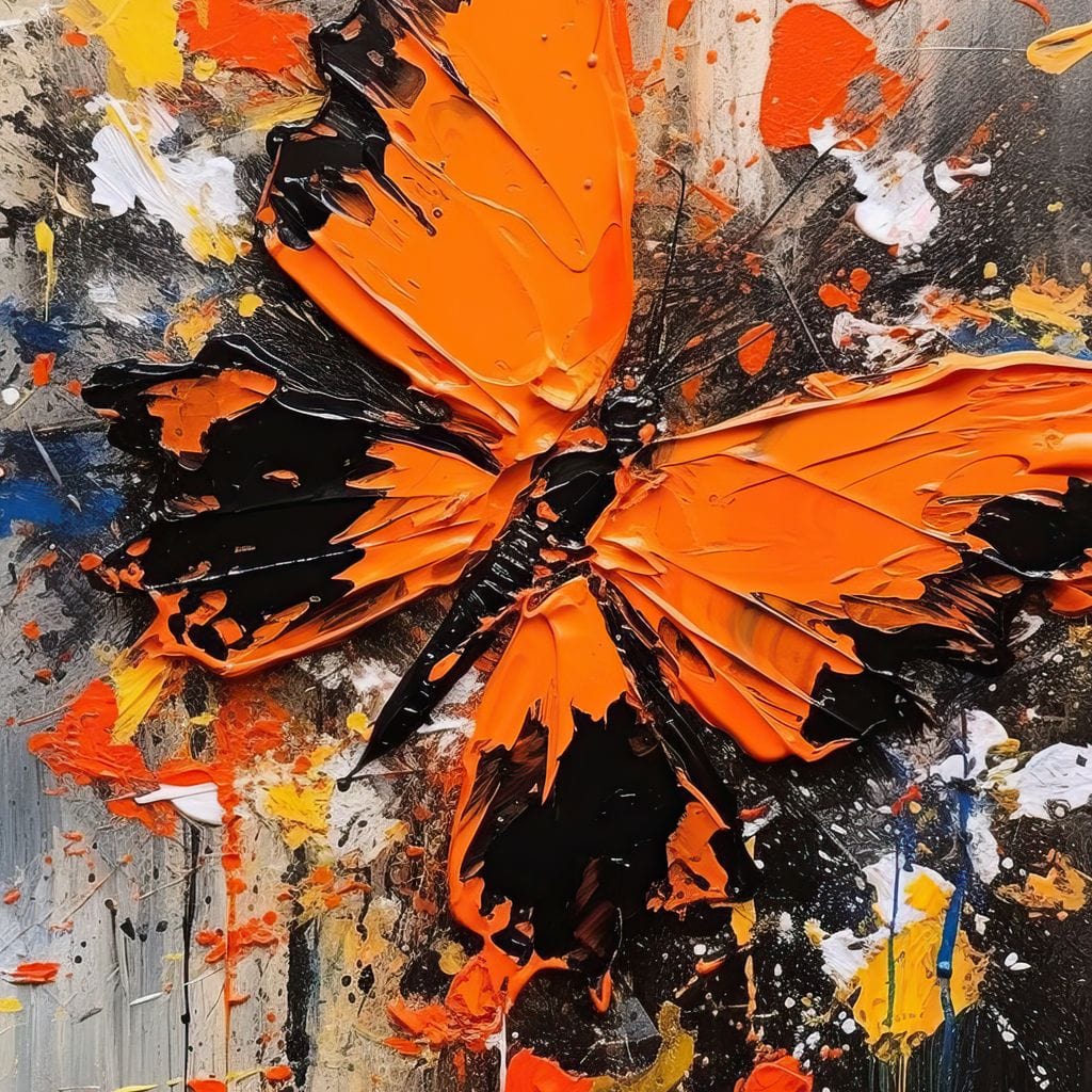 tablou canvas cu un fluture in nuante de portocaliu si negru, pe fundal abstract cu stropi de vopsea stil graffiti