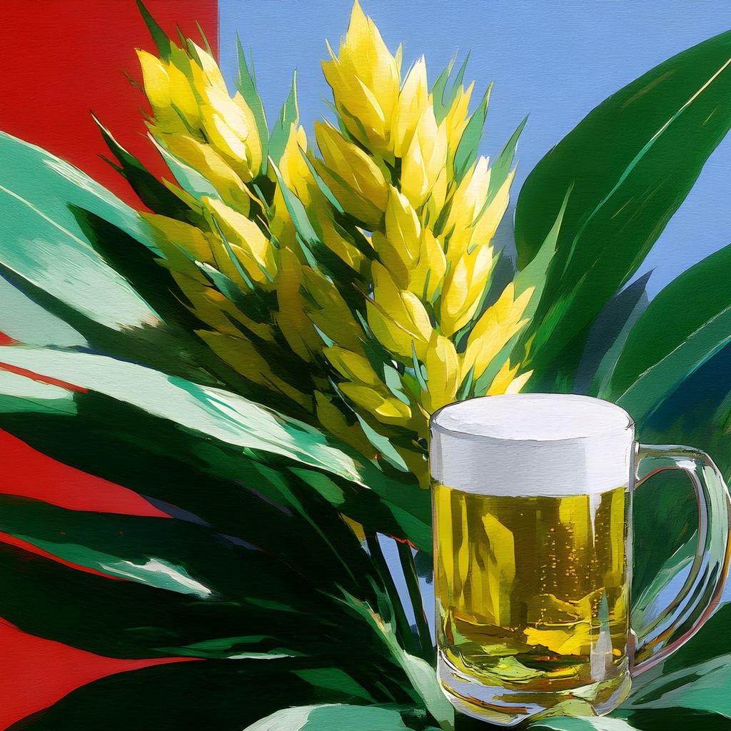 tablou canvas cu o halba de bere aurie cu spuma, pe fundal pictat in doua culori, cu flori si frunze de hamei 