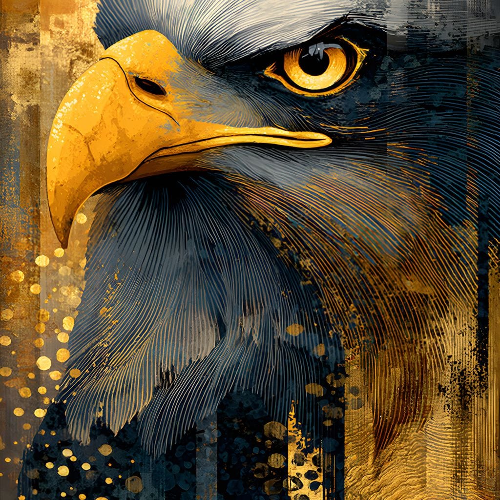 tablou canvas cu un vultur stilizat in nuante aurii si albastre