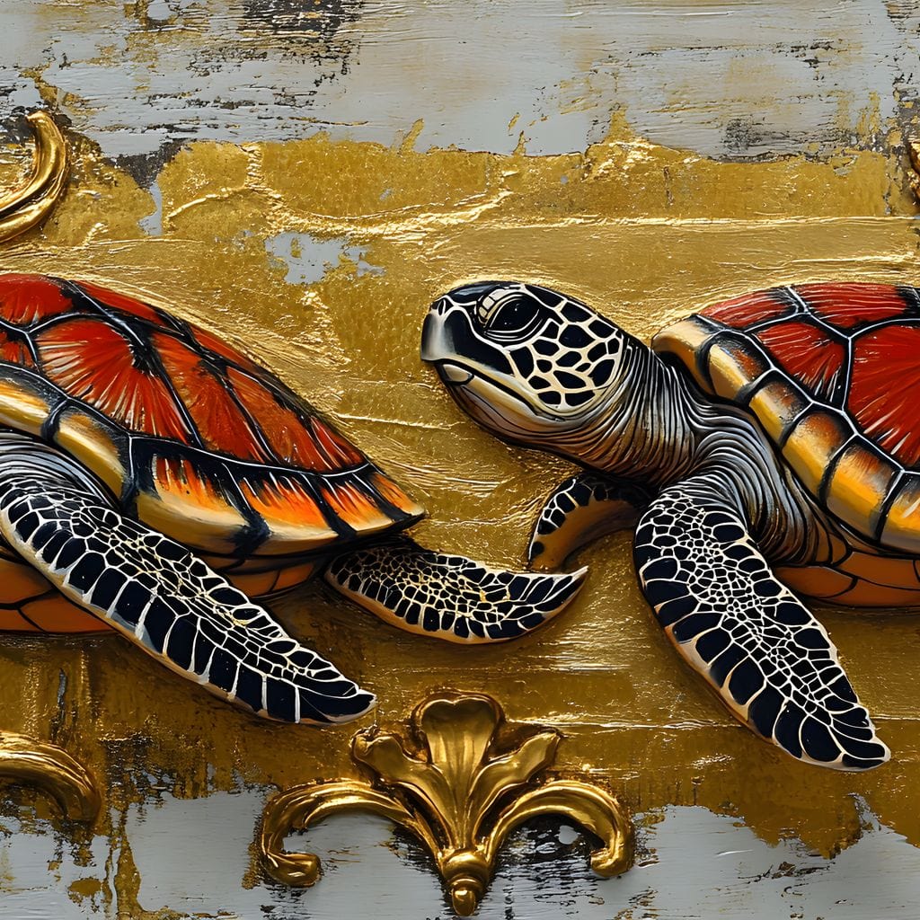 tablou canvas cu doua testoase cu carapace rosie pictate pe fundal auriu abstract