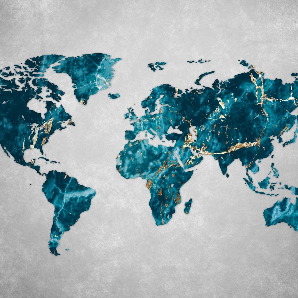 tablou canvas cu harta lumii in nuante de turcoaz si auriu cu aspect de marmura