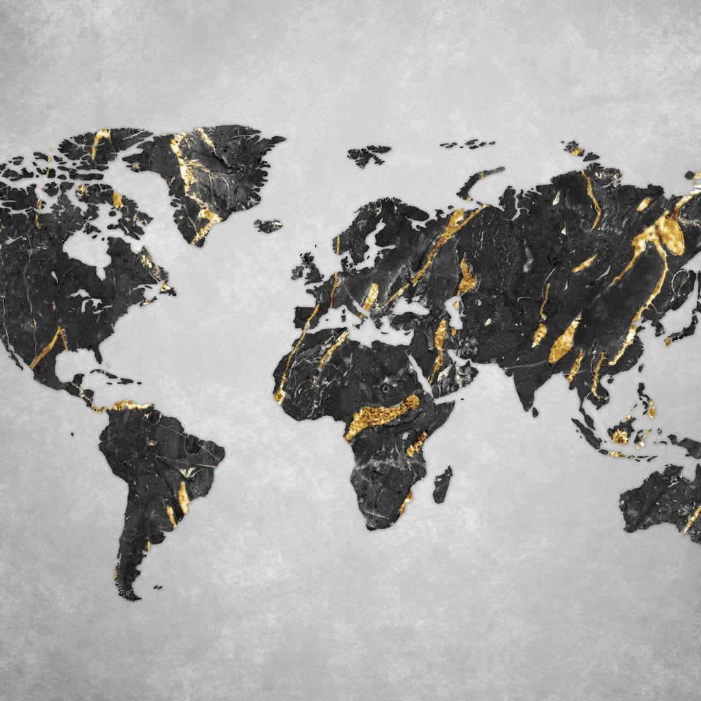tablou canvas cu harta lumii stilizata in negru si auriu