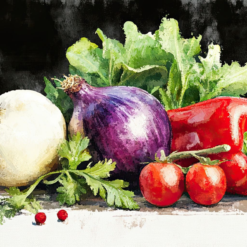 tablou canvas cu multe legume de gradina si verdeturi, pictate pe fundal negru