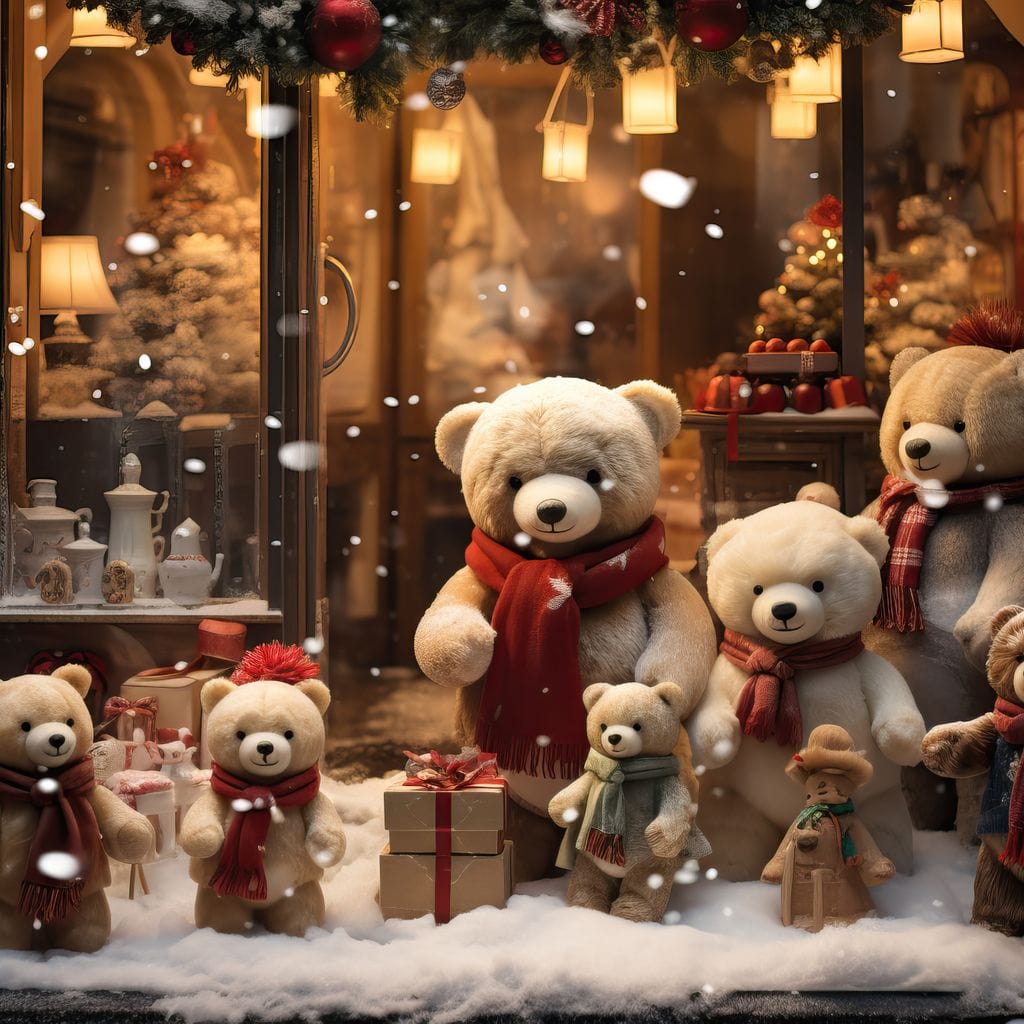 Tablou Canvas Premium LuxCanva® D1024, Craciunul Ursilor Polari , Ursi, Familie, Frati, Magazin, Felinare, Living Room, Culori vibrante