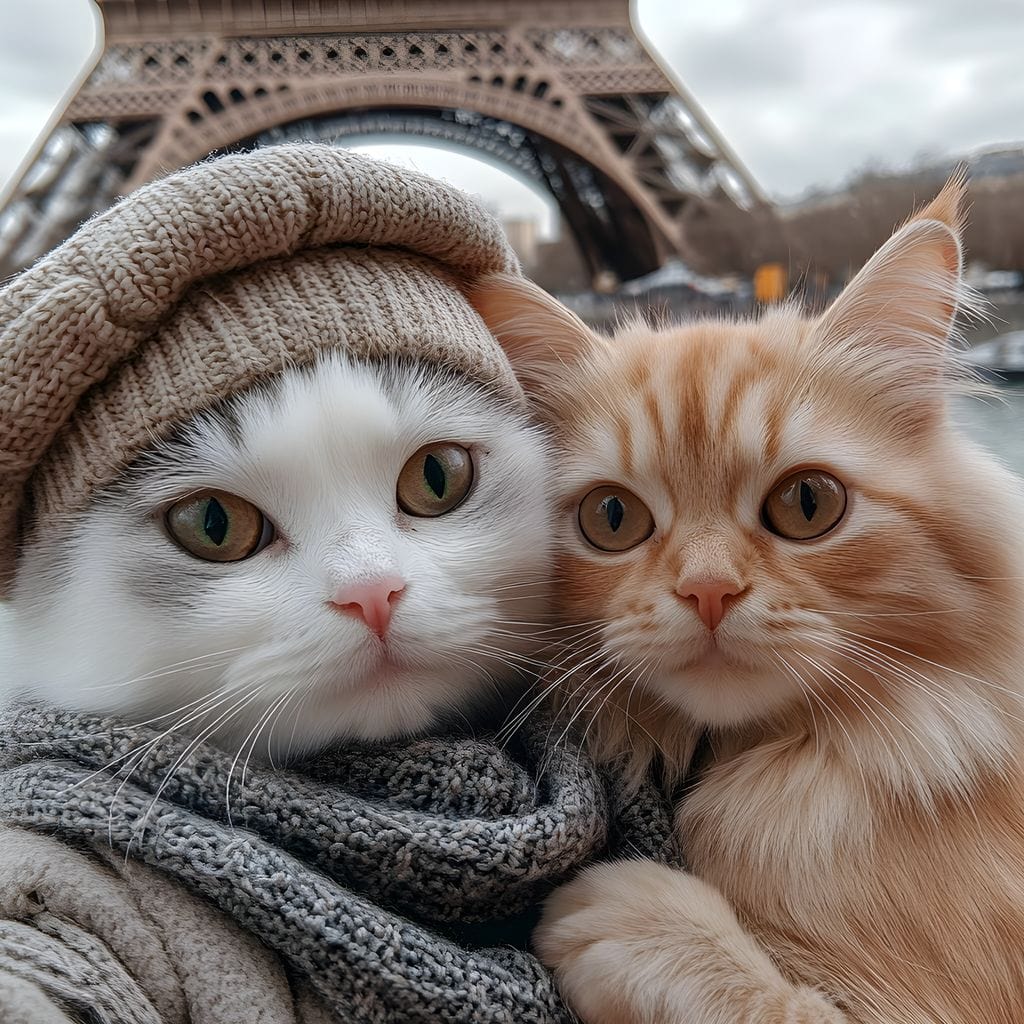 tablou canvas cu doua pisici adorabile in fata Turnului Eiffel, una purtan bereta si fular, surprinse intr-un selfie romantic in Paris