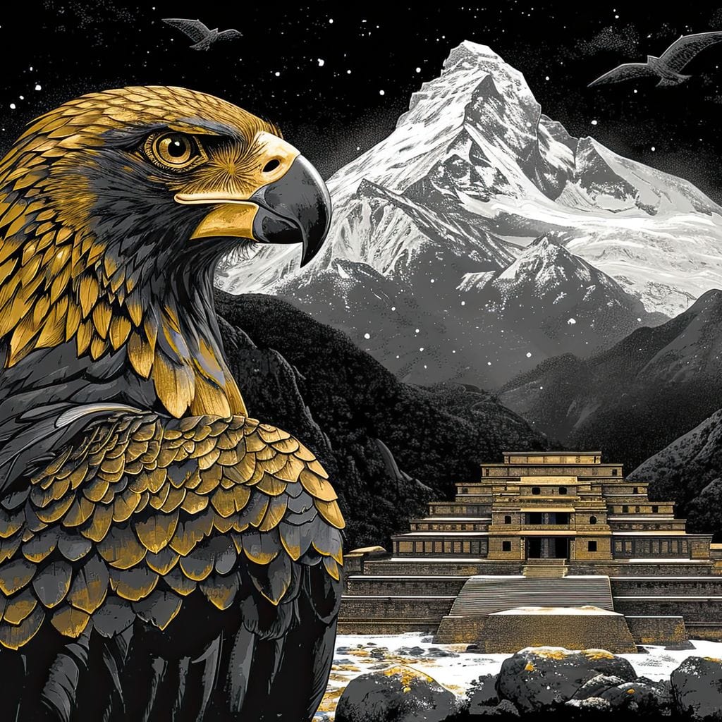 tablou canvas cu un vultur auriu in fata unui templu aztec pe fundal montan nocturn