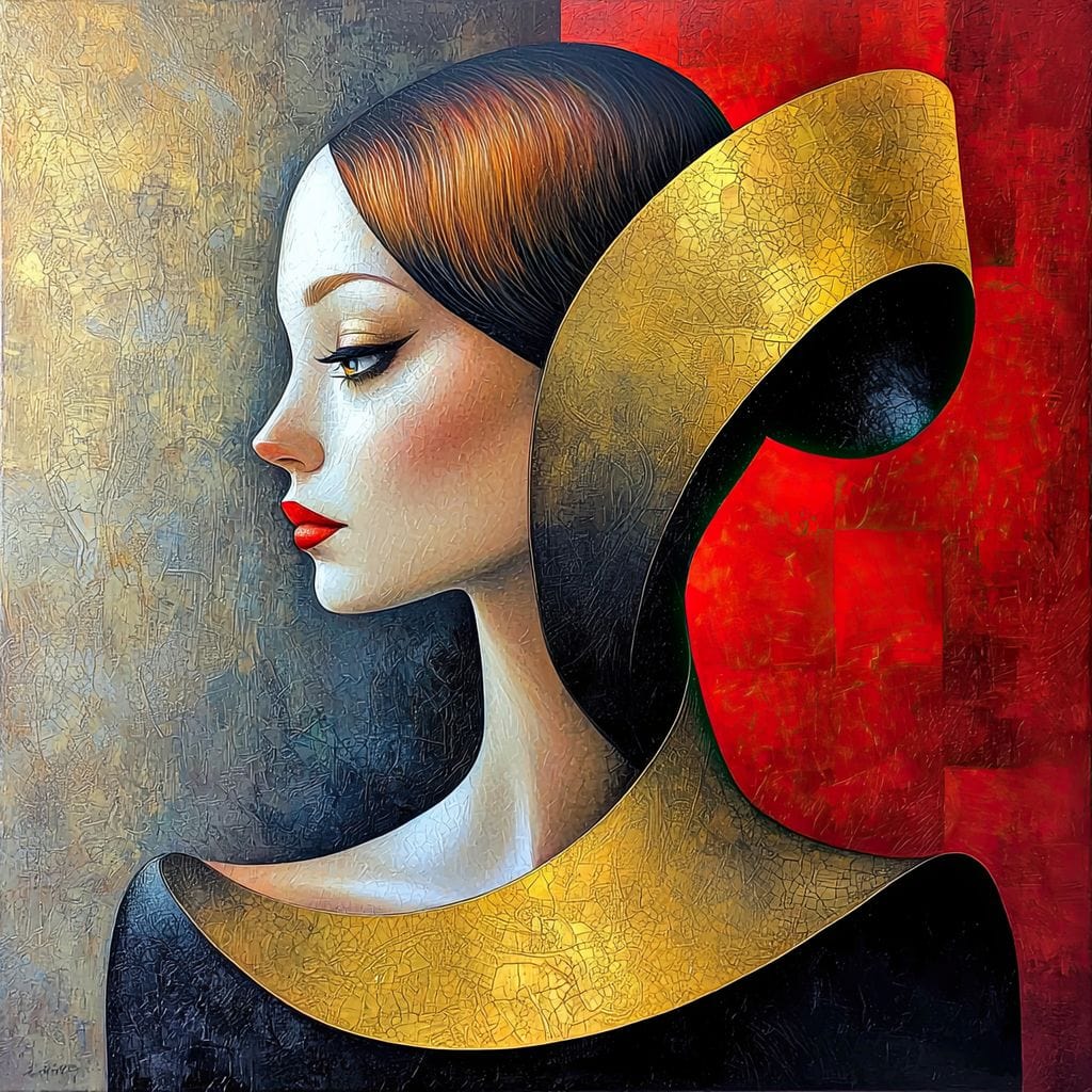 Tablou Canvas Premium, LuxCanva® G1123, Tacerea Geometrica, Femeie, Profil, Aur, Rosu, Arta, Expozitie, Abstract, Geometrie, Tacere, Living, Dormitor