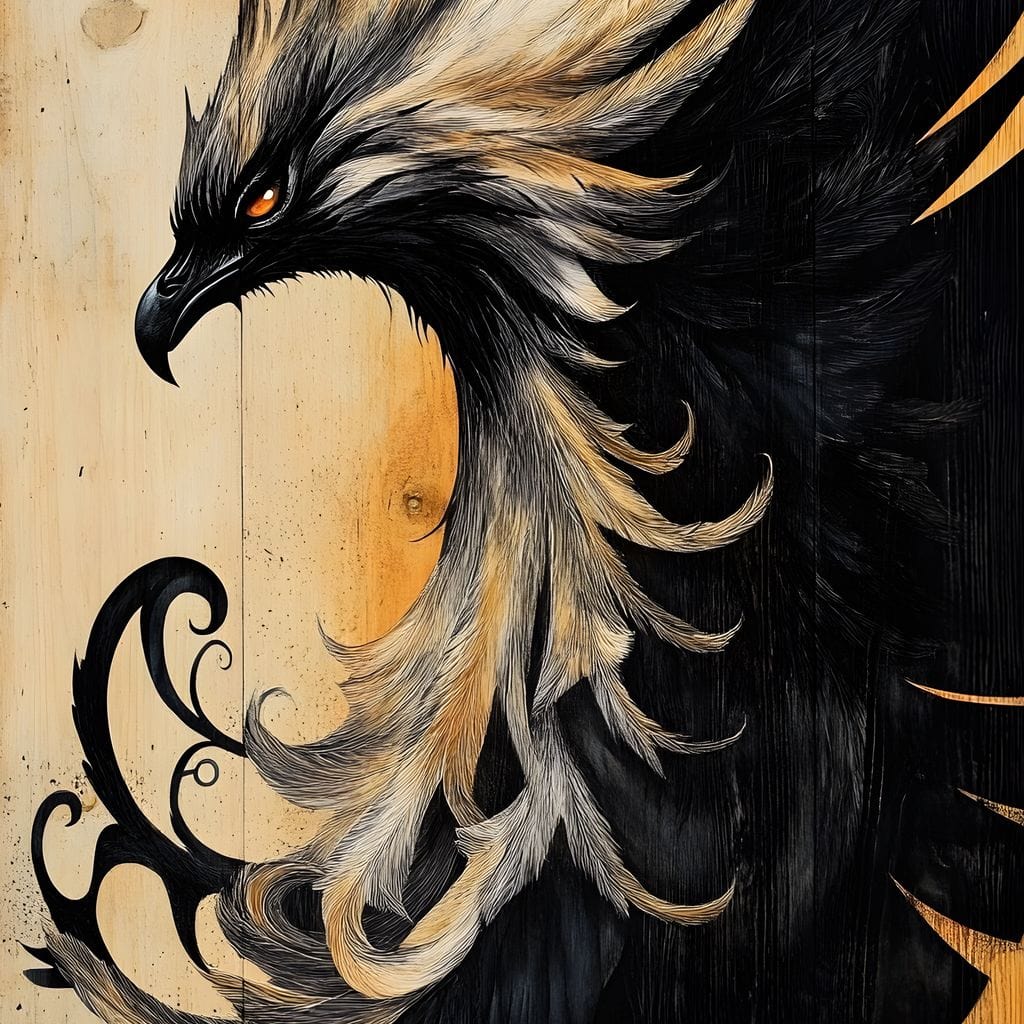 tablou canvas cu o pasare Phoenix in nuante de negru si auriu, pe fundal tip lemn