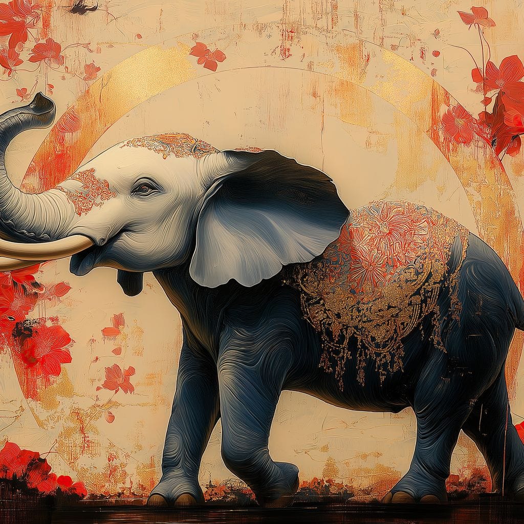 tablou canvas cu un elefant elegant, pictat in tonuri de negru si gri cu accente aurii, pe fundal cald bej-auriu in stil oriental