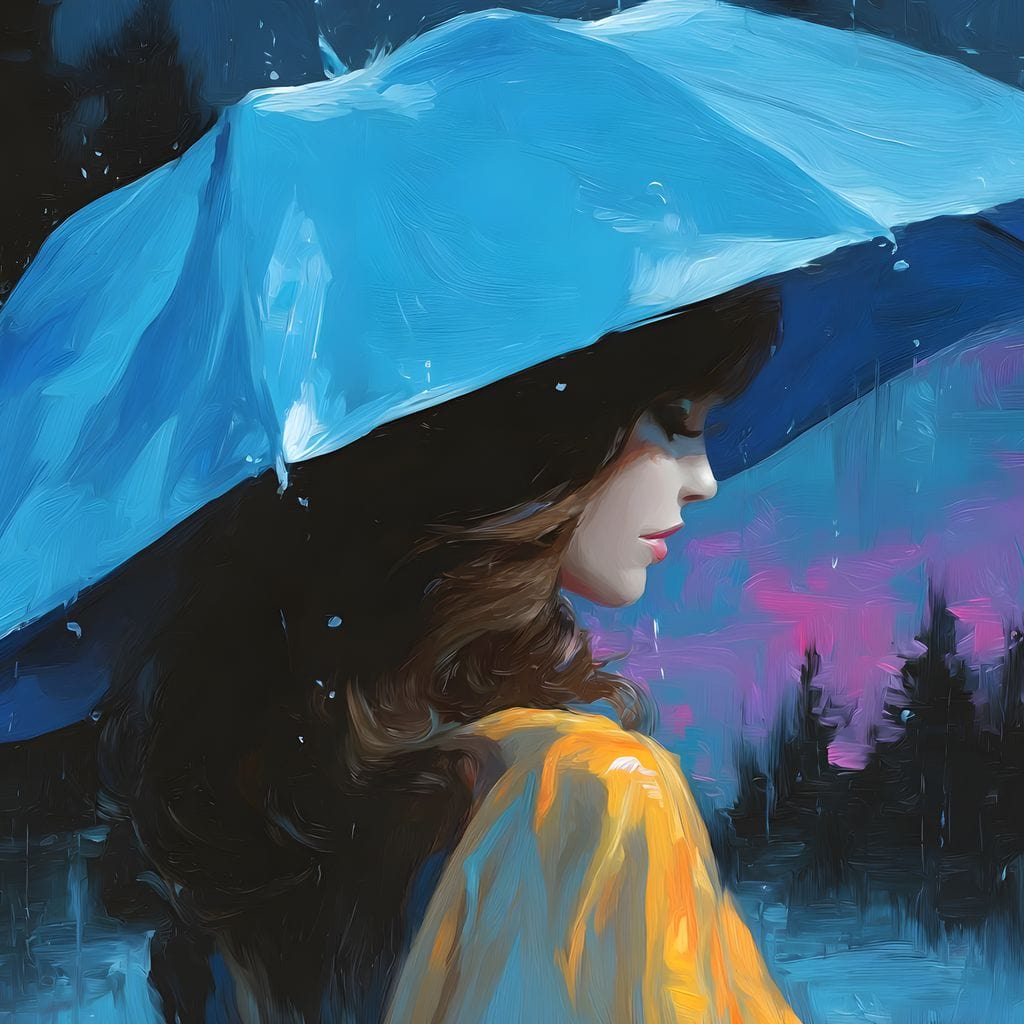 Tablou Canvas Premium, LuxCanva® G1223, Melodia Ploii, Cer, Violet, Umbrela, Albastru, Oda, Singuratate, Lacrimi, Eleganta, Padure, Haina, Galben, Introspectie, Romantism, Salon, Birou, Living, Dormitor