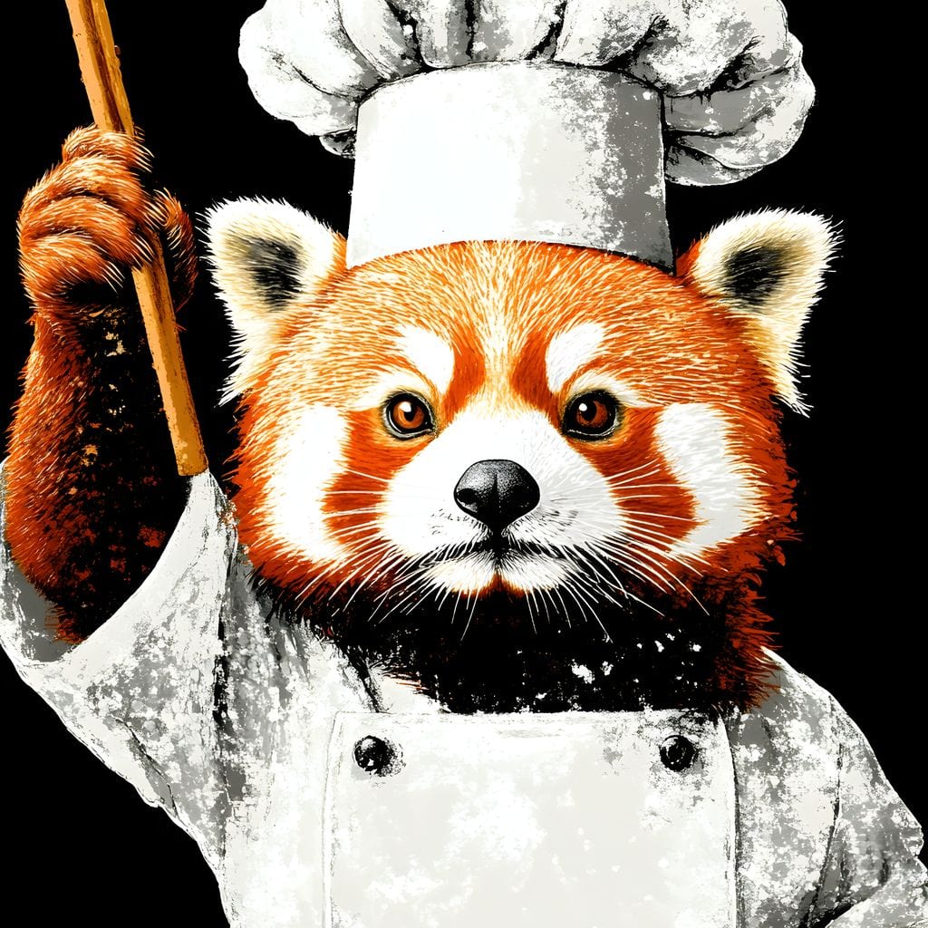 tablou canvas cu un panda rosu in costum de bucatar cu bete de lemn in mana, pe fundal intunecat