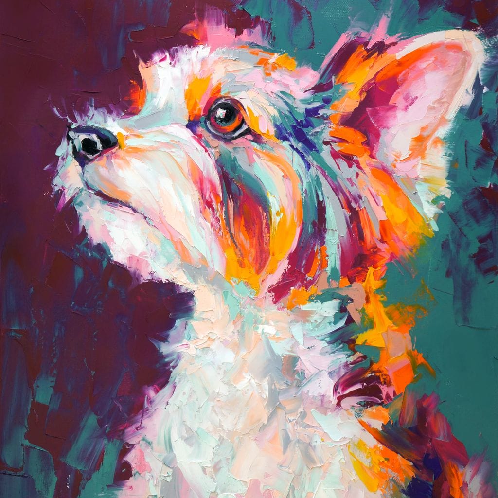 tablou canvas cu un portret de catel redat in culori din pensula, pe fundal abstract vibrant si modern