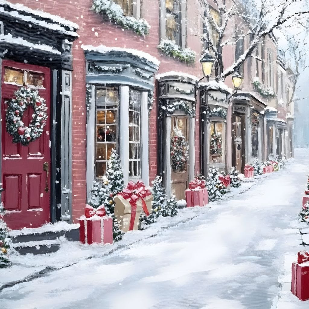 Tablou Canvas Premium, LuxCanva® D1083, Craciun Urban, Strada, Daruri, Zapada, Case, Iarna, Lumini, Impodobite, Poveste, Ajun, Plimbare, Feeric, Magie, Coronite, Vis, Oras, Camera Copil, Living, Dormitor