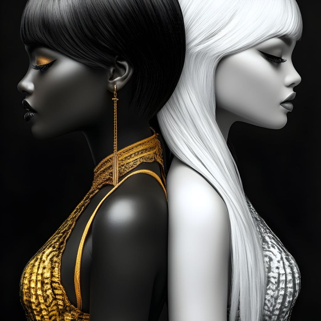 Tablou Canvas Premium, LuxCanva® G1124, Lumini si Umbre, Contrast, Alb, Negru, Dualitate, Feminina, Argint, Yin, Yang, Aur, Fete, Living, Dormitor