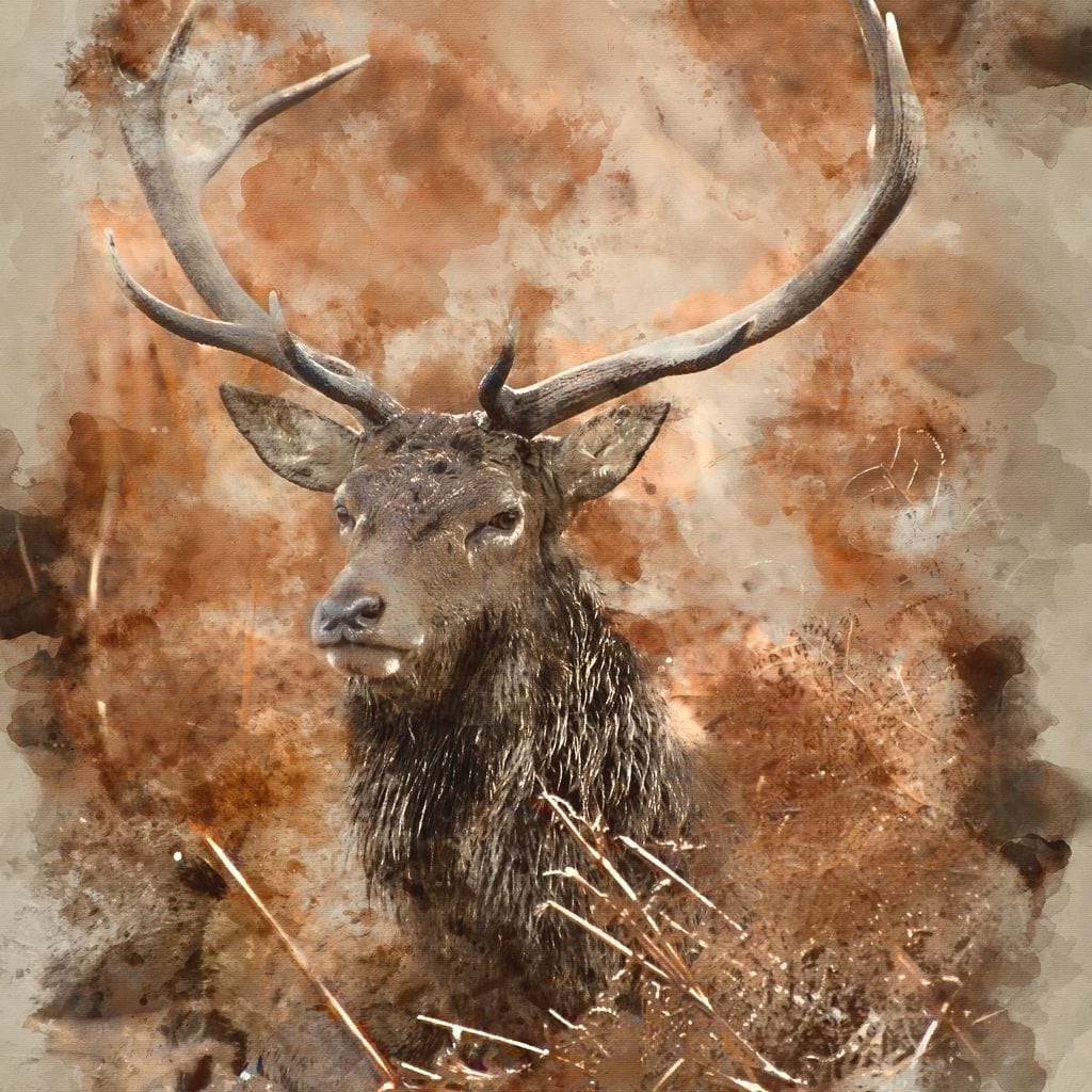 tablou canvas cu portretul unui cerb cu coarne lungi, pe fundal abstract in tonuri aramii, redat in stil pictura
