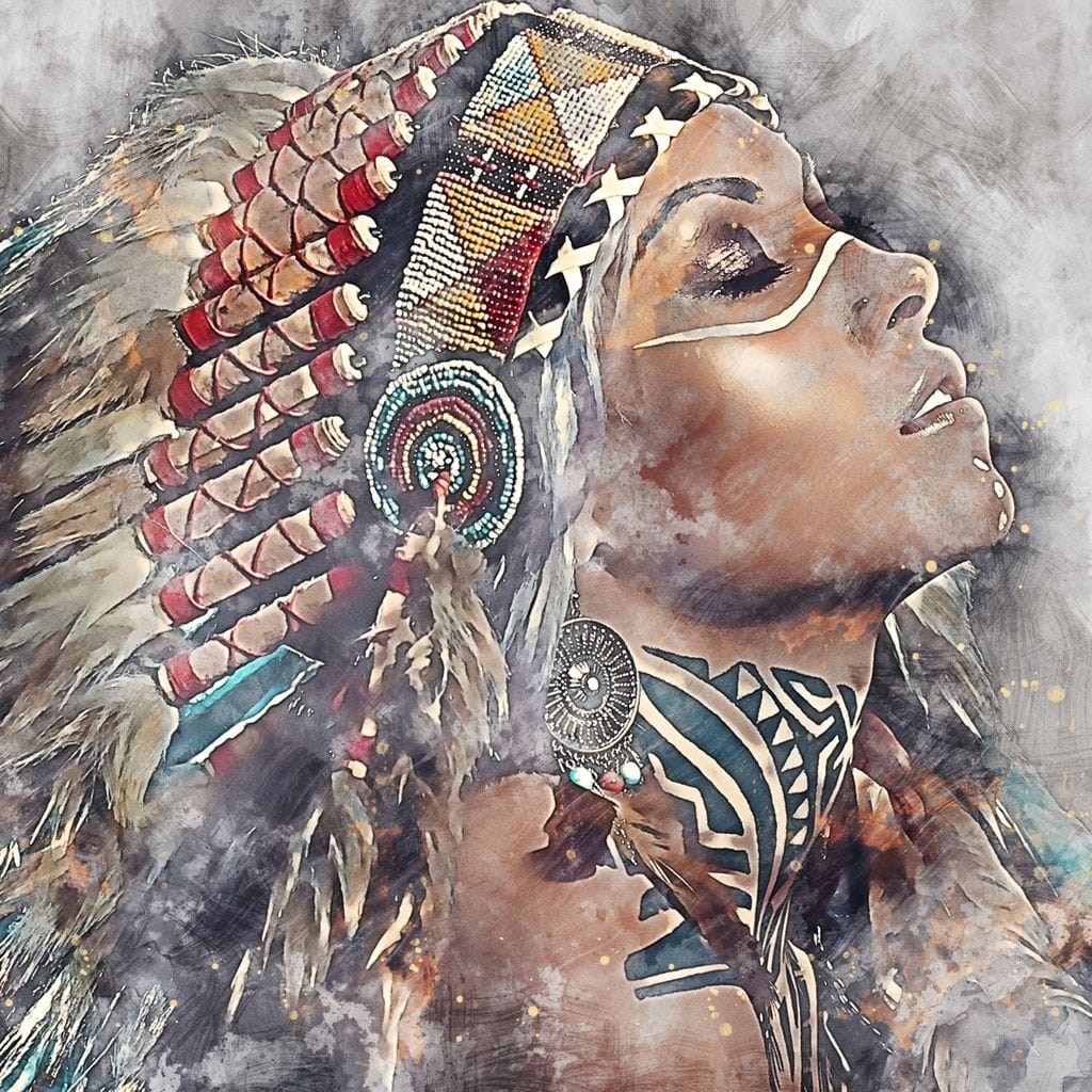 Tablou Canvas Premium LuxCanva® G1006, Suflet de Razboinica , Forta, Curaj, Tribal, Misticism, Pene, Salbatica, Femeie, Living, Dormitor, Culori vibrante