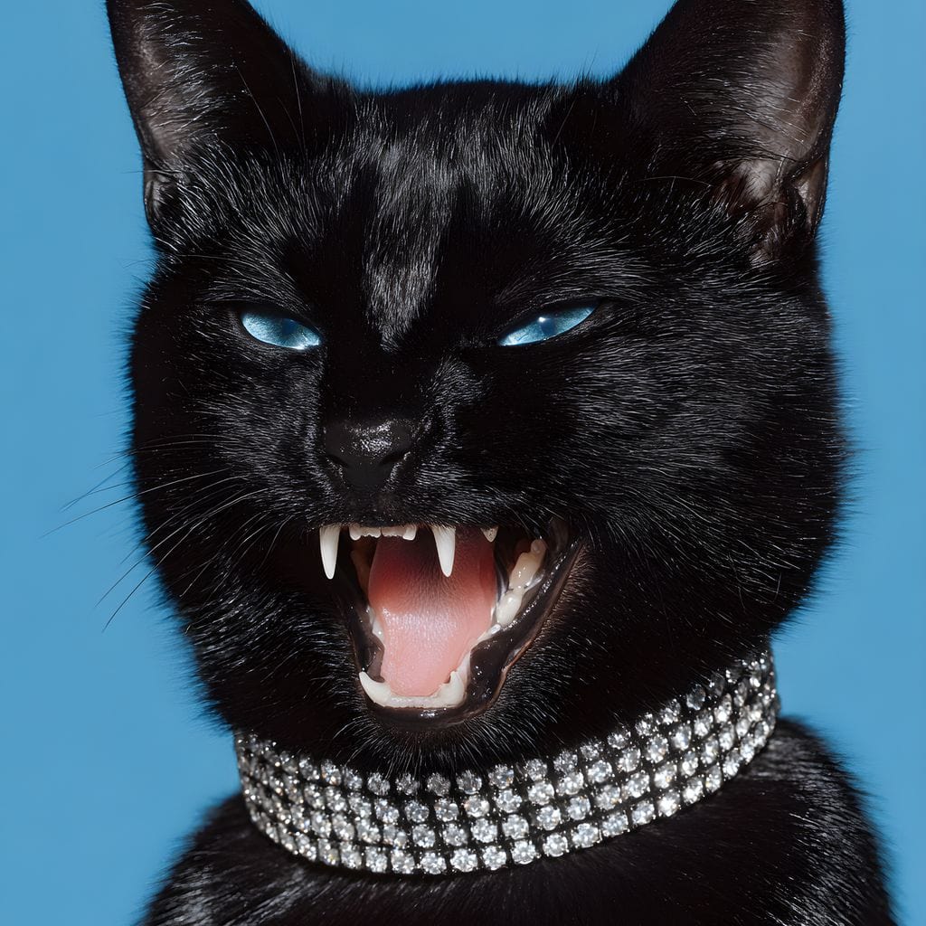 tablou canvas cu o pisica neagra cu ochi albastri si cu zgarda decorata cu diamante, pe fundal albastru